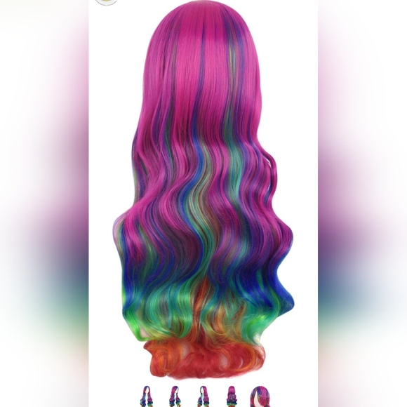 New beautiful Lolita cosplay bangs Wavy Curly Pastel Rainbow 28" long wig - Picture 2 of 3